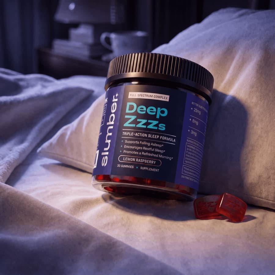 A jar of Deep Zzzs sleep gummies on a bedside table at night